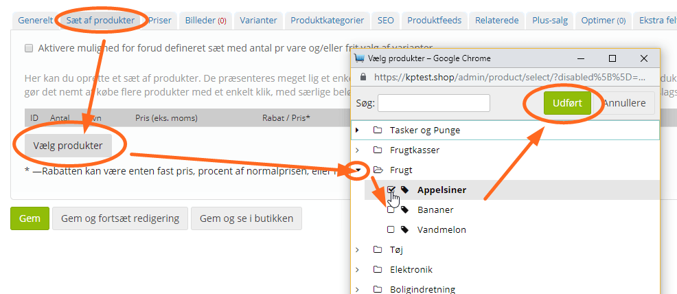 Screenshot: How to create a product set