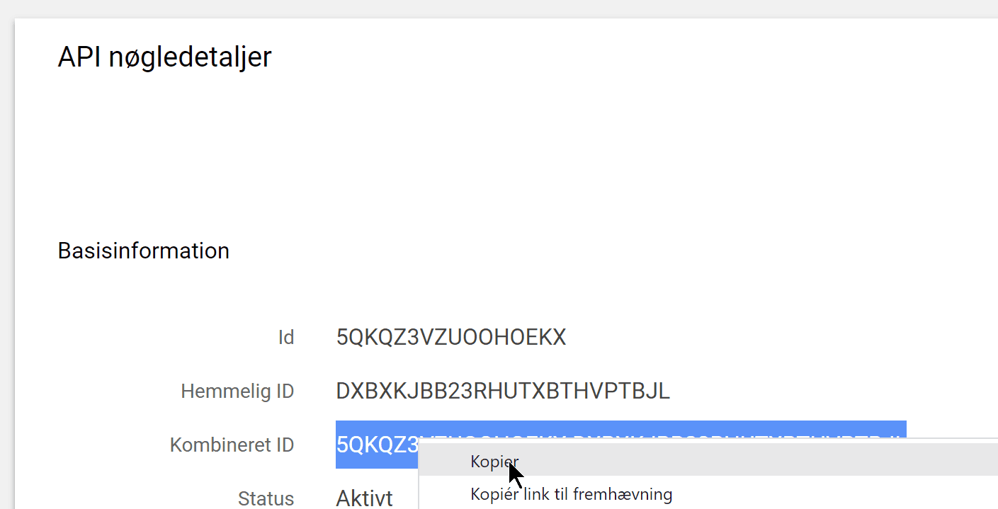 Screenshot: API key for labels and tracking