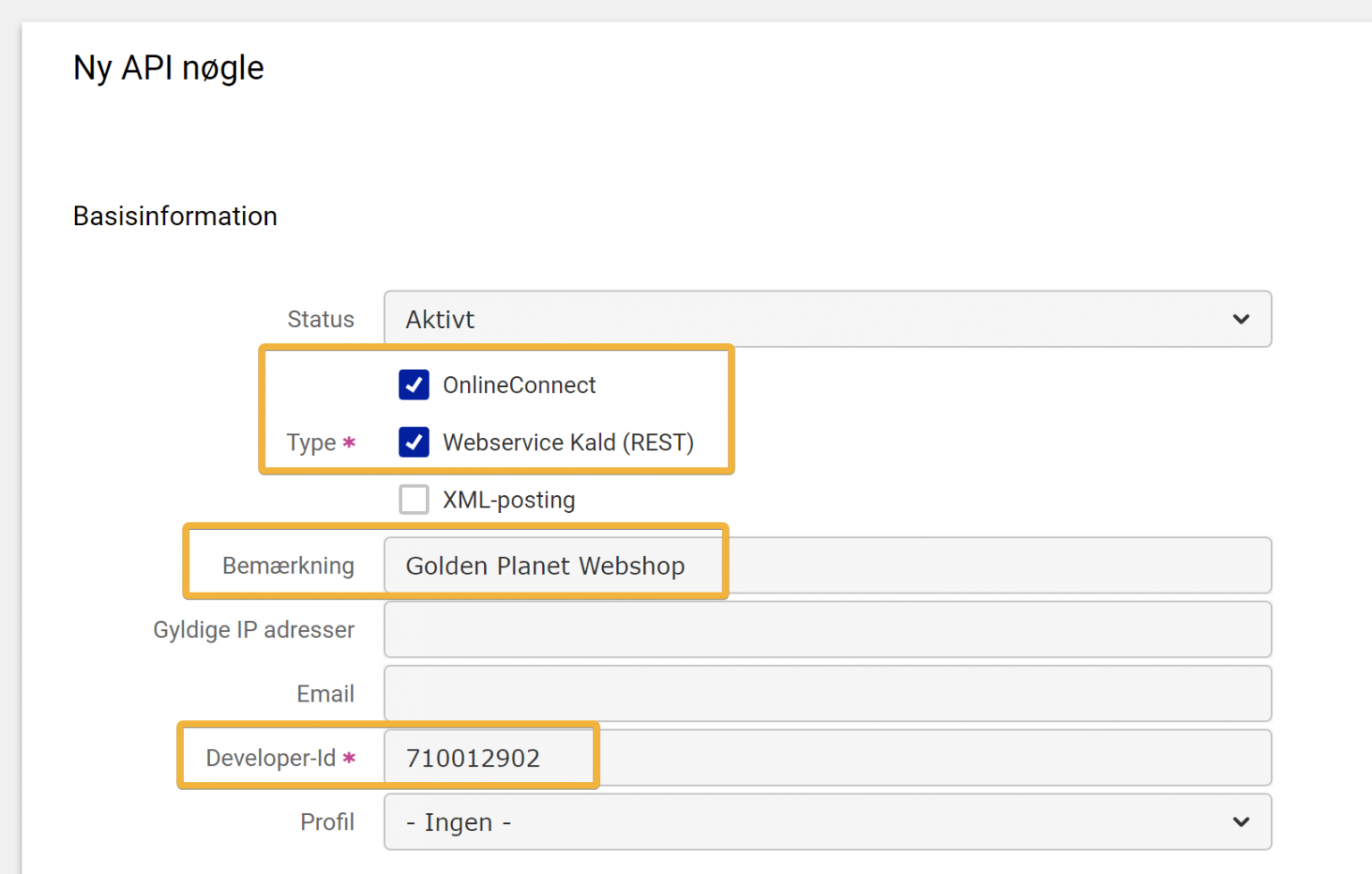 Screenshot: API key for labels and tracking