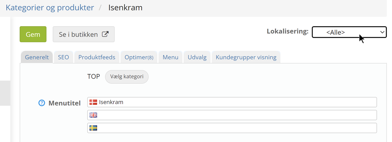 Screenshot: Editing categories in several languages