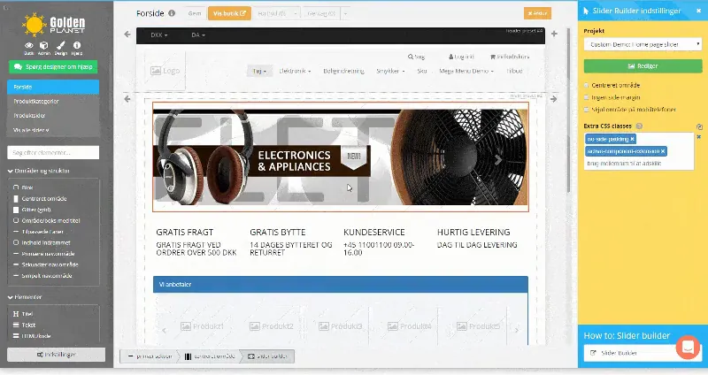 The design tool in the Golden Planet admin with a demo shop's home page